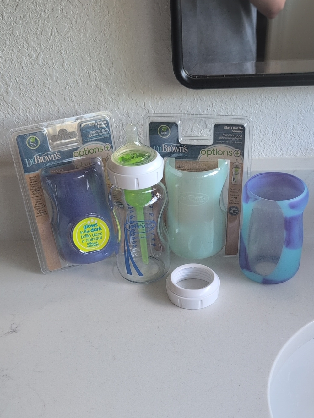 Dr. Brown's Wide-neck Glass Bottle with Aqua and Purple Silicone Sleeves